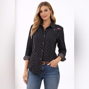 Wrangler Western M Cross Stitch Button Down Shirt Black Pink Boho Western Rodeo